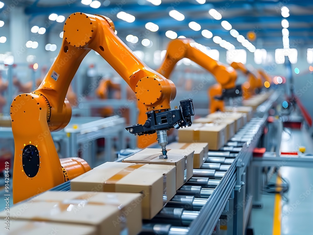 Poster highly automated and precise industrial assembly line with robotic arms for efficient manufacturing