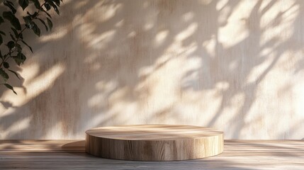 Fototapeta premium 3D podium with natural wood texture and soft lighting, organic and serene background