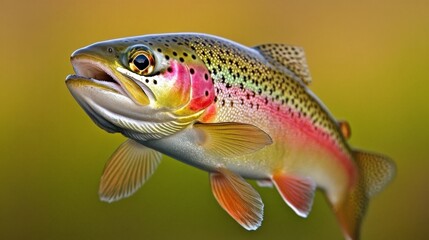 A Close-Up of a Rainbow Trout's Head and Body, Showing its Vibrant Colors and Detailed Fins, Against a Soft Green and Brown Background - Close-up, Rainbow Trout, Fish, Nature, Wildlife