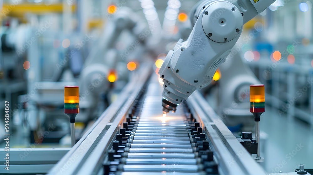 Poster automated factory assembly line with robotic arms efficiently optimizing high tech industrial