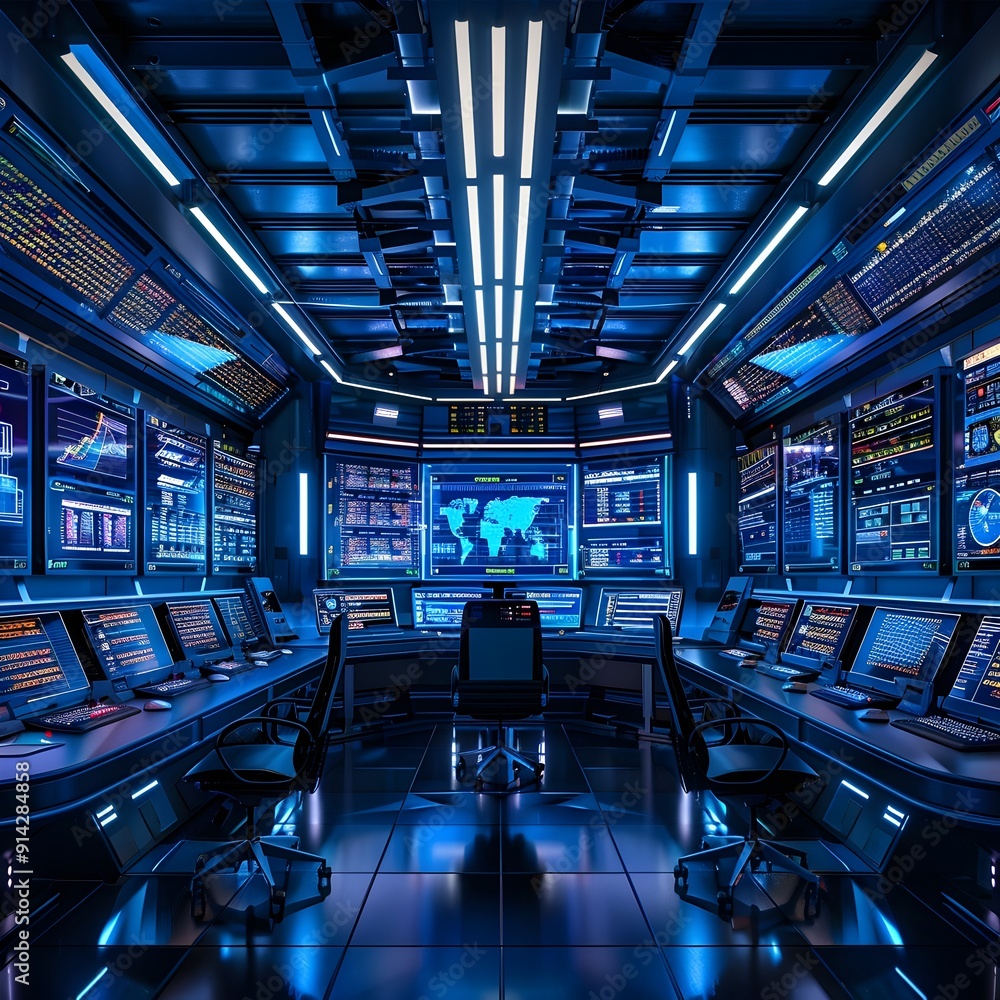 Poster high tech control room with futuristic displays and data analytics console