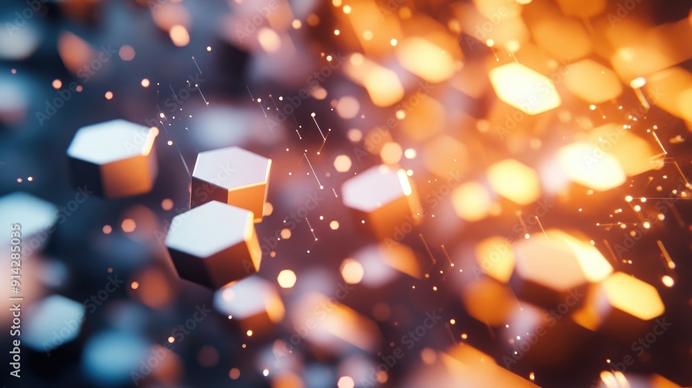 Poster abstract 3d background with floating hexagonal clusters and light reflections, futuristic concept