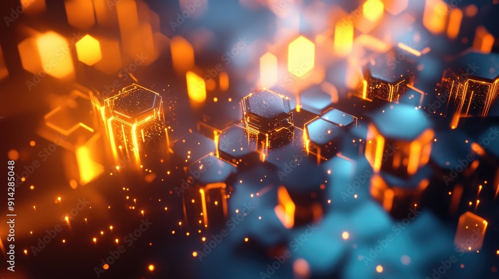 Aufkleber abstract 3d background with floating hexagonal clusters and light reflections, futuristic concept