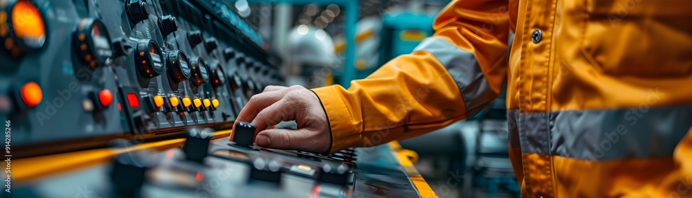 Aufkleber factory worker operating machinery with detailed controls in an industry concept setting