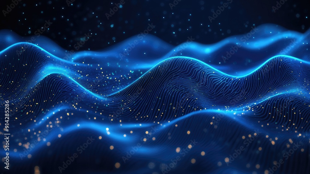 Poster abstract 3d background with flowing blue waves and light effects, futuristic digital design