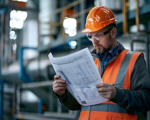 Focused Industrial Engineer Reviewing Blueprints in Modern Factory Background