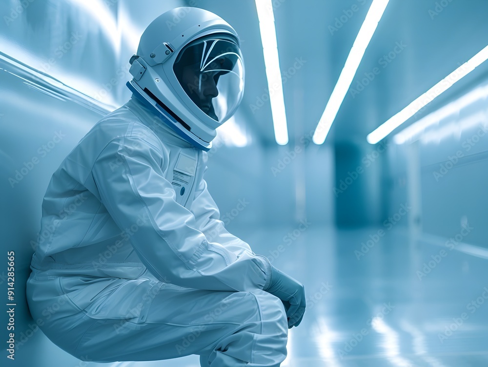 Poster worker in cleanroom with advanced technology setting precise and futuristic industry concept