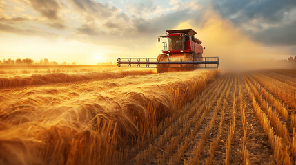 Fototapeta premium Harvesting wheat at sunset with a red combine harvester