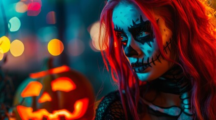 Woman with face paint and a Halloween pumpkin