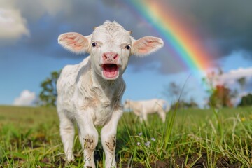 Obraz premium White calf standing on grass with rainbow in background Generative AI