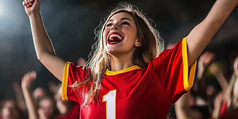 female fan cheering in stadium, blank red football jersey, yellow trim, white number "1"