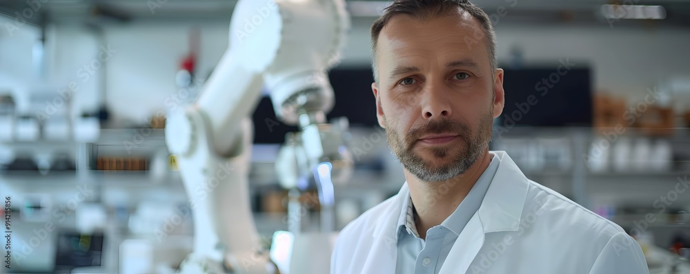 Poster robotics engineer with innovative robot arm in high tech laboratory workspace
