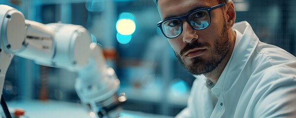 Robotics Engineer Working with Advanced Robot Arm in High Tech Laboratory