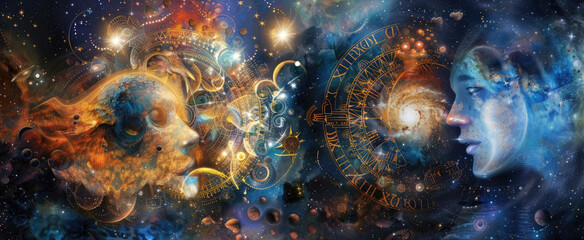Abstract fantasy space with Zodiac signs, galaxy and stars, Astrological sun and moon against dreamlike sky. Concept of astrology, art, horoscope, fairy, background
