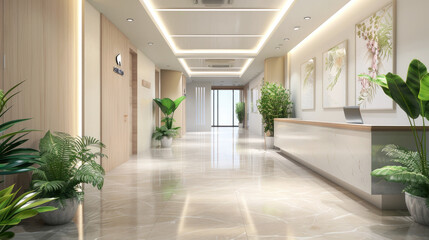 Inside empty clinic hall with green plants and white beige finish, luxury interior of modern hospital, shiny marble floor. Concept of office, business, space, company