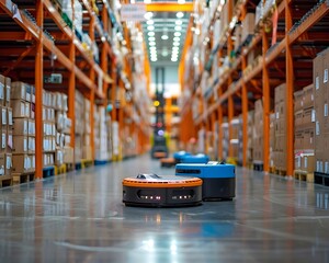 Automated and Organized High Tech Warehouse with Robotic Forklifts Efficient Logistics Concept