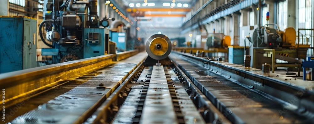 Poster intricate factory interior with complex machinery and efficient production workflow