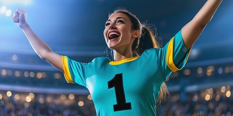 female fan cheering in stadium, blank turquoise football jersey, yellow trim, black number "1" 
