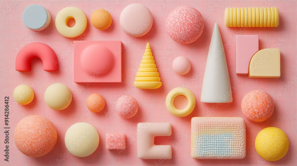 Poster Detailed flat lay of abstract geometric shapes in pastel tones offering a minimalistic design perfect for modern applications Stock Photo with copy space