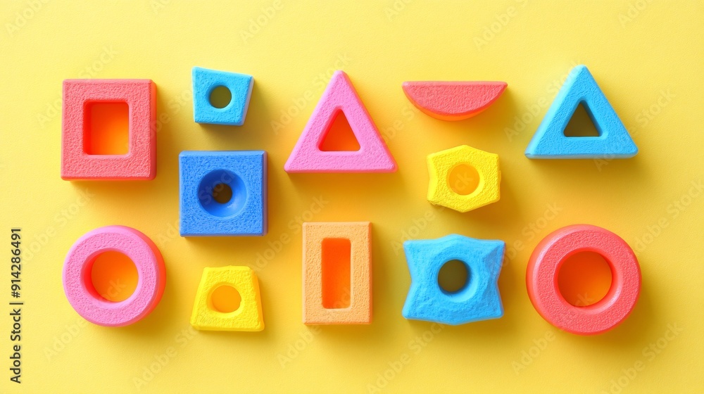 Poster Detailed flat lay of abstract geometric shapes in pastel tones offering a minimalistic design perfect for modern applications Stock Photo with copy space