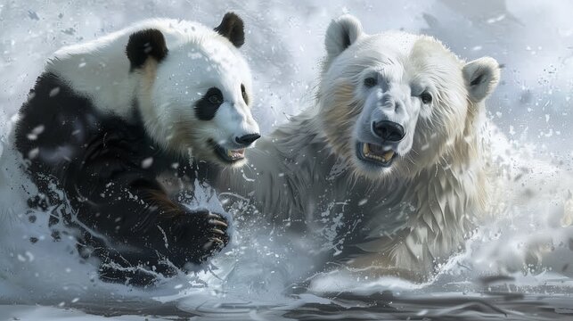 A panda and a polar bear in water, symbolizing the comparison between Pandas and Polaris data analysis Python packages.