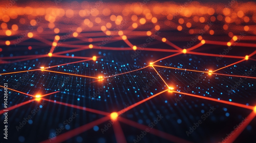 Poster abstract 3d grid pattern with glowing nodes and connections, network visualization