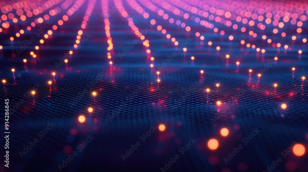 Poster abstract 3d grid pattern with glowing nodes and connections, network visualization