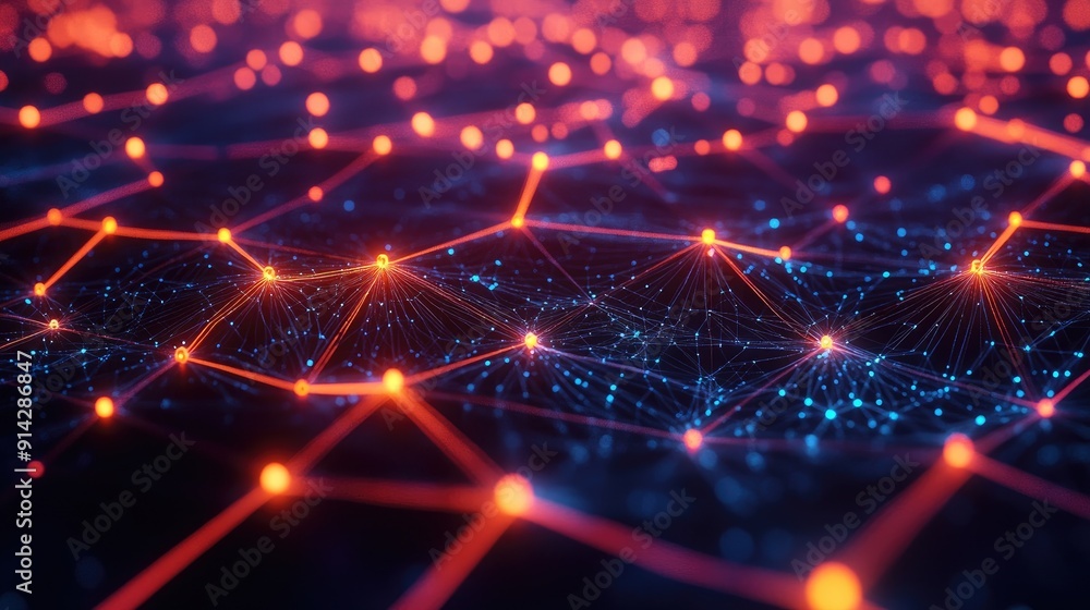 Poster abstract 3d grid pattern with glowing nodes and connections, network visualization