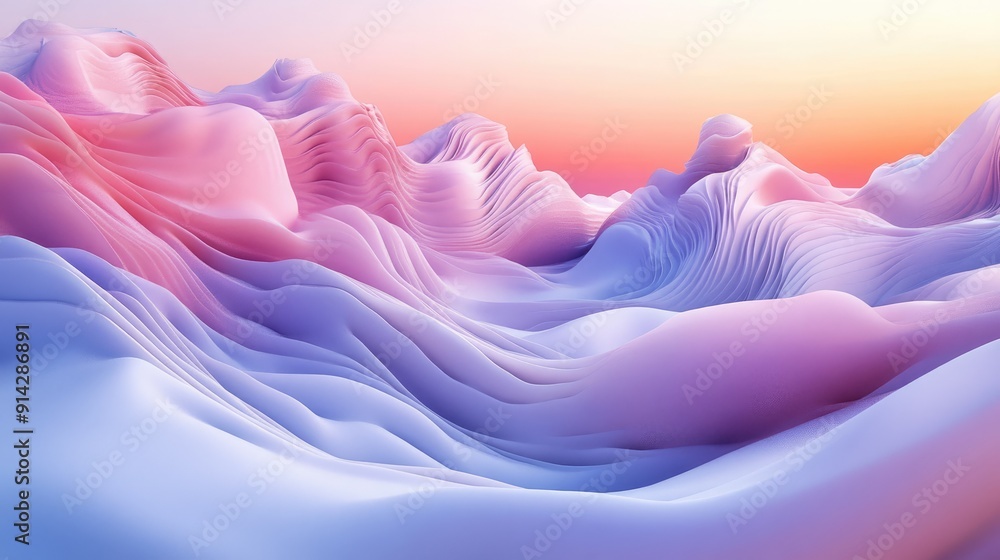 Poster abstract 3d landscape with wave-like patterns and gradient hues, surreal digital art