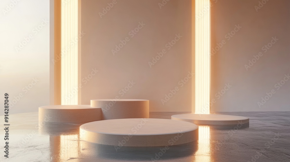 Poster abstract 3d podium with floating platforms and light reflections, surreal display concept