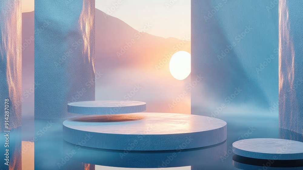 Poster abstract 3d podium with floating platforms and light reflections, surreal display concept