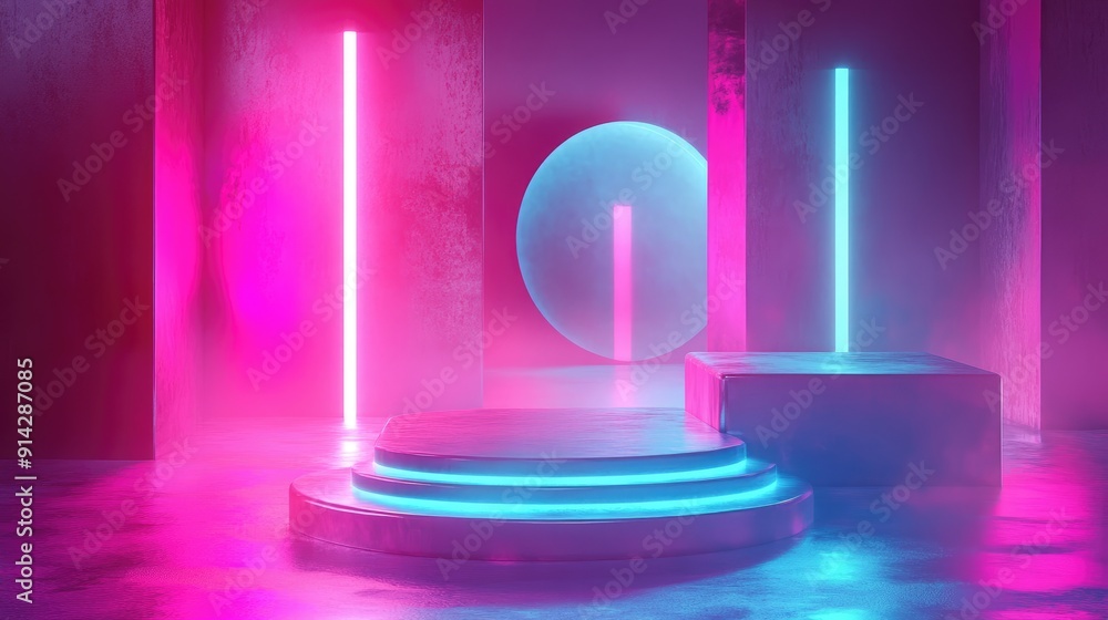 Poster abstract 3d podium with floating platforms and light reflections, surreal display concept