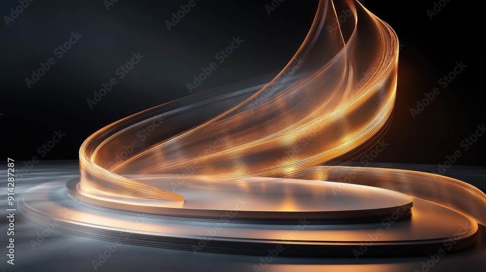 Poster abstract 3d podium with spiral shapes and light trails, artistic and dynamic display design