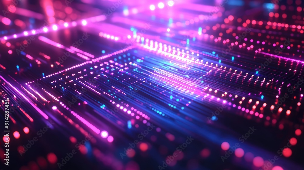 Poster abstract 3d technology background with dynamic data flow and neon accents, futuristic design