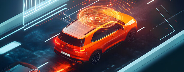 Orange SUV Driving on the Road with an Overlay of Cityscape and Digital Elements