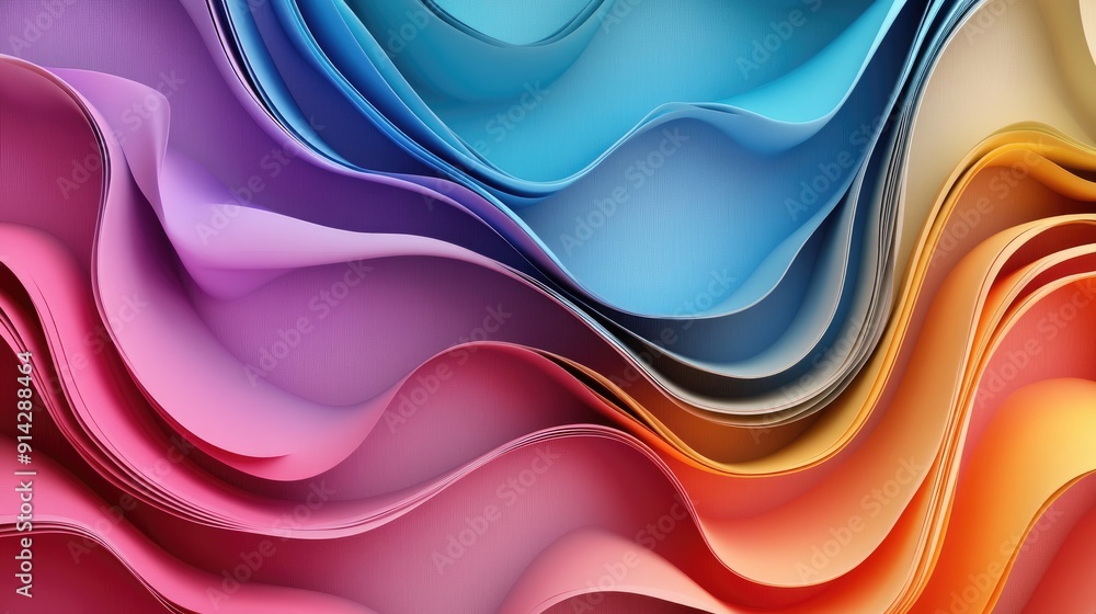 Poster colorful 3d background with layered waveforms and gradient colors, artistic abstract design