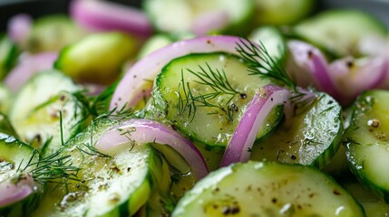 Slices of fresh cucumber mixed with red onion and dill, lightly dressed and arranged attractively on a serving plate.