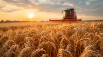 Combine harvester in a golden wheat field during harvest season	
