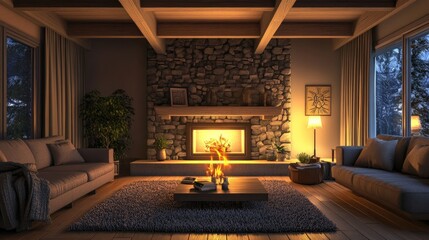 Cozy 3D living room with a fireplace and soft lighting, warm and inviting atmosphere