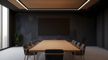 Luxurious meeting room with smart technology, sleek modern design, high-end furniture, photorealistic, wide-angle shot, ambient lighting,T V