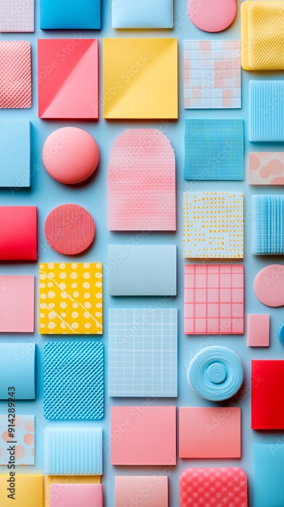 Poster A high-detail flat lay of minimal geometric patterns in soft pastel colors showcasing abstract design elements in a harmonious composition Stock Photo with copy space