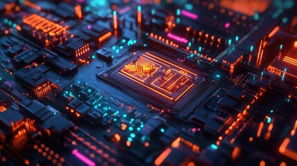 Fototapeta premium Cutting-edge 3D technology background with intricate digital circuits and vibrant hues, advanced design