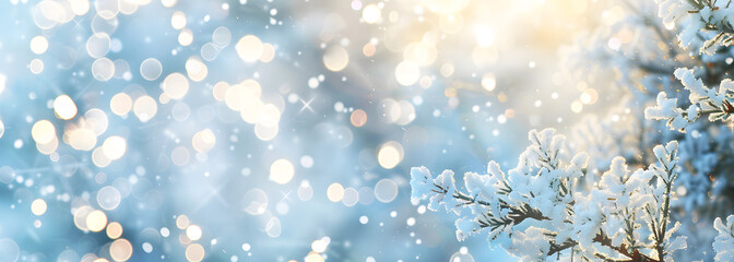 Christmas winter blurred background. Xmas tree with snow decorated with garland lights, holiday festive background. Widescreen backdrop. New Year winter art design, widescreen holiday border design