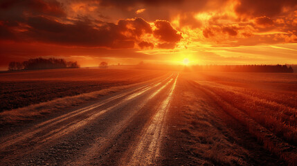 Fototapeta premium Dirt road through farmland at sunset with dramatic clouds and golden light