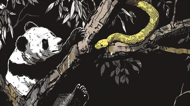 A panda and a snake on tree branches, symbolizing the Pandas Python package for data analysis and its powerful data manipulation capabilities.