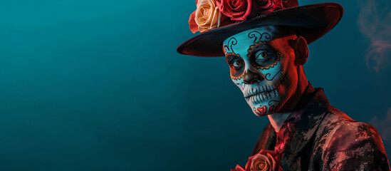 A man in a Day of the Dead mask and hat adorned with roses, featuring an elaborate skull design face paint. He wears traditional Mexican attire, the festive spirit of this cultural celebration.