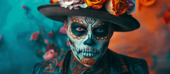 A man in a Day of the Dead mask and hat adorned with roses, featuring an elaborate skull design face paint. He wears traditional Mexican attire, the festive spirit of this cultural celebration.