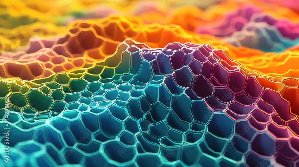Poster dynamic 3d background with hexagonal wave patterns and vibrant colors, lively digital art
