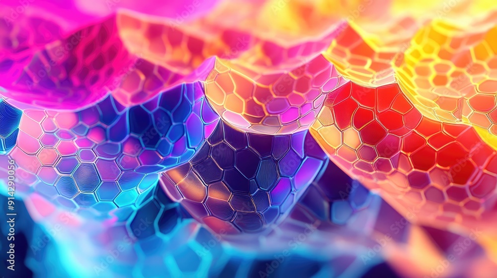 Poster dynamic 3d background with hexagonal wave patterns and vibrant colors, lively digital art