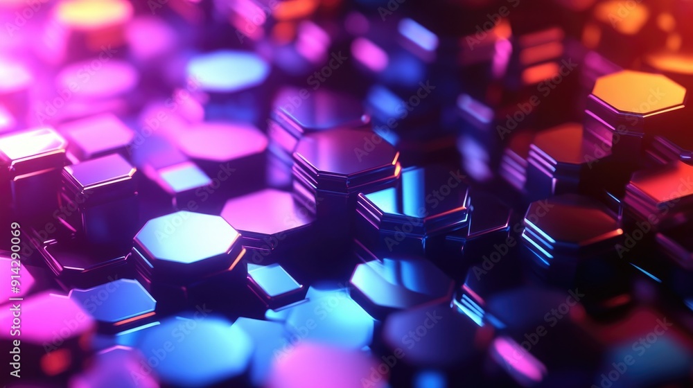 Poster dynamic 3d background with rotating hexagons and vibrant colors, energetic digital art